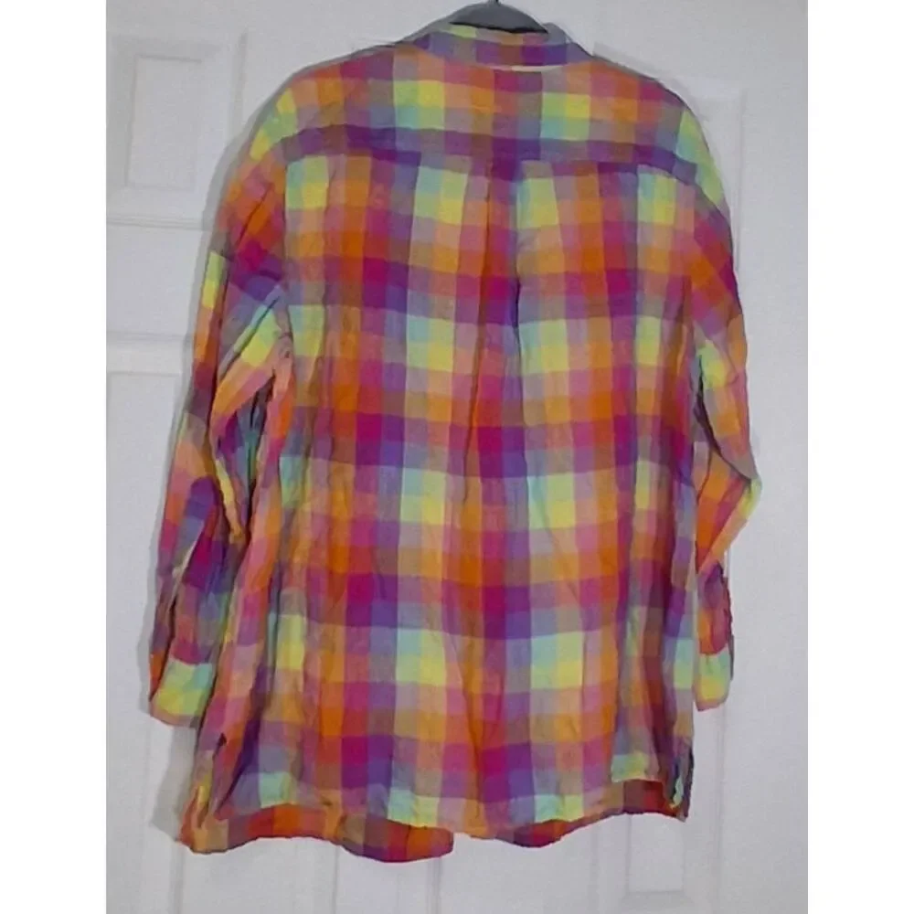 Lands end womens 1xl tab sleeve 100% linen shirt blouse plaid pink yellow - Picture 4 of 10